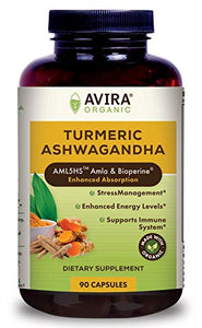 Avira Organic Turmeric Ashwagandha, Super Fusion with Amla, Curcumin & Bioperine, Helps Support Occasional Stress Management, Energy Level & Immune System, Vegan, Non-GMO, Yellow, 90 Count