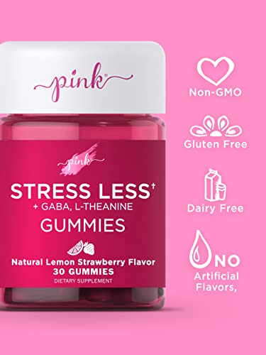 Stress Less Gummies | GABA, L Theanine, Lemon Balm | 30 Count | Non-GMO & Gluten Free | Lemon Strawberry Flavor | by Pink