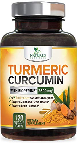 Turmeric Curcumin with Bioperine 95% Curcuminoids 2600mg with Black Pepper for Best Absorption, Made in USA, Best Vegan Joint Support, Turmeric Supplement Pills by Natures Nutrition - 120 Capsules