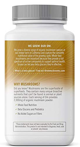 Om Mushroom Superfood Lion's Mane Mushroom Capsules Superfood Supplement, 90 Count, 30 Days, Fruit Body and Mycelium Nootropic for Memory Support, Focus, Clarity, Nerve Health, Creativity and Mood