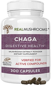 Real Mushrooms Chaga Capsules for Digestive Health and Immune Support (300ct) Vegan, Non-GMO Chaga Extract Supplements, Verified Levels of Beta-Glucans