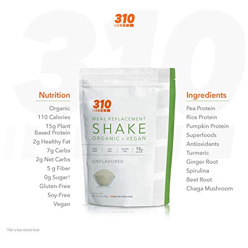 Vegan Organic Plant Protein Powder and Meal Replacement Shake - By 310 Nutrition - Gluten, Dairy and Soy Free - 0g of Sugar | Keto and Paleo Friendly… (Unflavored, 28 Servings)