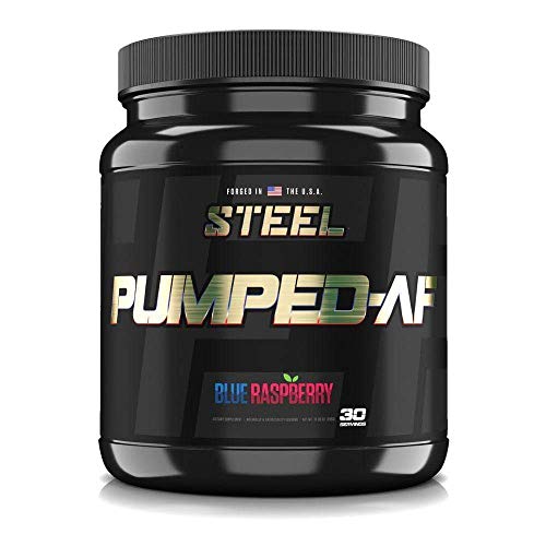 Steel Supplements Pumped-AF Pre Workout Powder with N.O.7, 6g L-Citrulline & Kre-Alkalyn | Non Stimulant, Caffeine Free, Increase Blood Flow & Hydration | 30 Servings (Blue Raspberry)