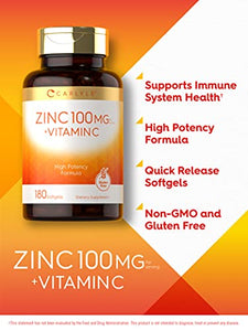 Zinc 100mg with Vitamin C | 180 Softgels | Non-GMO, Gluten Free Supplement | by Carlyle