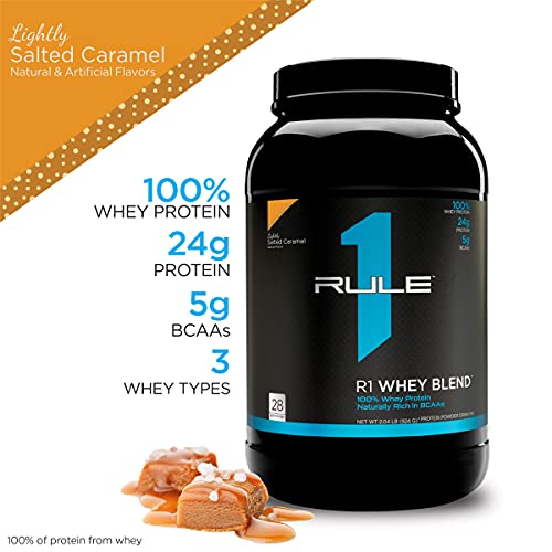 Rule One Proteins, R1 Whey Blend - Lightly Salted Caramel, 24g Fast-Acting Whey Protein Concentrates, Isolates, & Hydrolysates Per Serving, With Naturally Occurring EAAs & BCAAs, 2 Pounds, 28 Servings
