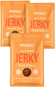 Moku Plant-Based Mushroom Jerky (3 Pack) Vegan Jerky, Gluten-Free, Soy-Free, Non-GMO Vegan Snacks, Vegan Meat No Artificial Sweetener Vegan Food, 2 oz ea - Sweet and Spicy