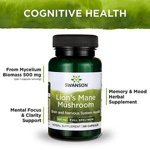 Swanson Lion's Mane Mushroom - Herbal Supplement Promoting Mental Focus, Clarity, & Memory Support - Traditional Brain Booster Supplement Made from Hericium Erinaceus - (60 Capsules, 500mg Each)