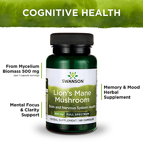 Swanson Lion's Mane Mushroom Memory Support Mental Focus Brain Booster Herbal Supplement Hericium Erinaceus (Mycelium Biomass) 500 mg 60 Capsules (2 Pack)