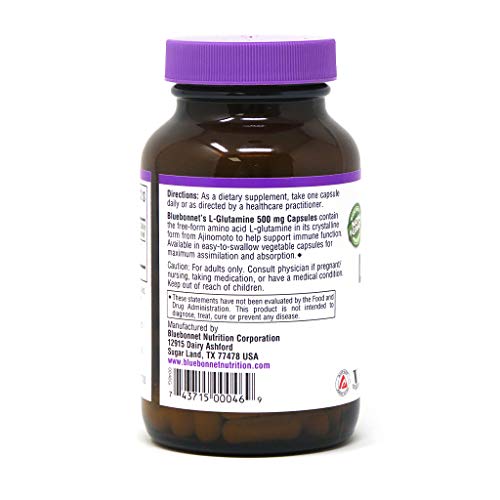 Bluebonnet Nutrition L-Glutamine 500mg, Supports Immune Function*, Nitrogen Transporter*, Soy-Free, Gluten-Free, Non-GMO, Kosher Certified, Vegan, 100 Vegetable Capsules, 100 Servings