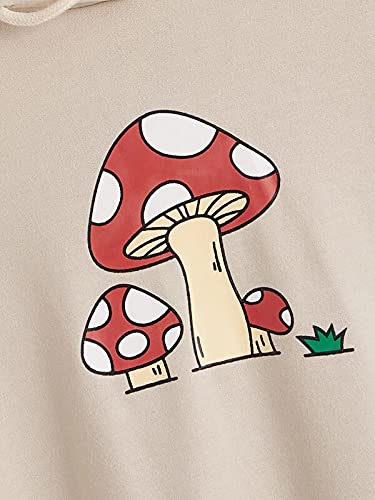 Meladyan Women Mushroom Graphic Print Hoodie Pullover Drop Shoulder Thin Terry Loose Fit Hooded Sweatshirt Jumper Shirt Apricot