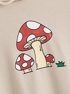 Meladyan Women Mushroom Graphic Print Hoodie Pullover Drop Shoulder Thin Terry Loose Fit Hooded Sweatshirt Jumper Shirt Apricot