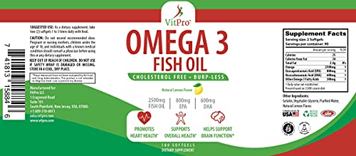 Triple Strength Omega 3 Fish Oil - 2500mg with EPA and DHA, Cholesterol Free, Burp-Less, Joint Support, Promotes Brain & Heart Health, Non-GMO, Natural Lemon Flavor - 180 Softgels | VitPro