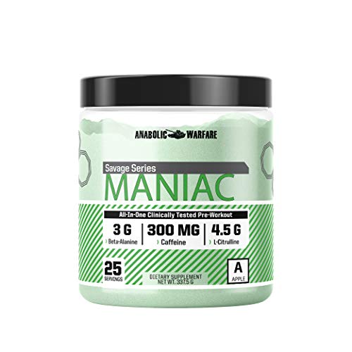 Maniac Pre Workout Powder by Anabolic Warfare – Preworkout Mix to BoostFocus & Energywith Caffeine, Beta Alanine, Lions Mane Mushroom, L Citrulline Powder and Creatine (Apple Melon - 25 Servings)