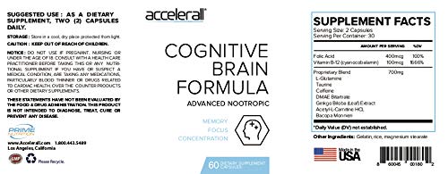 ACCELERALL Extra Strength Nootropic Brain Formula - Natural Memory, Focus & Concentration - Supports Brain Function with DMAE, Ginkgo Biloba & Bacopa, 60 Capsules