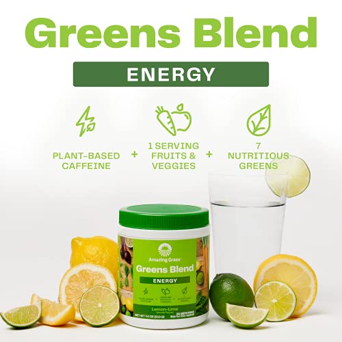 Amazing Grass Greens Blend Energy: Super Greens Powder & Plant Based Caffeine with Matcha Green Tea & Beet Root Powder, Lemon Lime, 15 Servings (Packaging May Vary)