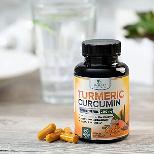 Turmeric Curcumin with Bioperine 95% Curcuminoids 2600mg with Black Pepper for Best Absorption, Made in USA, Best Vegan Joint Support, Turmeric Supplement Pills by Natures Nutrition - 60 Capsules