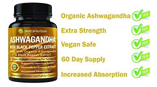 Ashwagandha Supplement Made with Organic Ashwaganda Root Powder 1200mg with Black Pepper Extract for Increased Absorption - 120 Pullulan Capsules