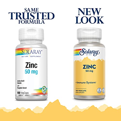 Solaray Zinc 50 mg Amino Acid Chelate with Pumpkin Seed, Immune & Cellular Health Support, Bioavailable, 100 VegCaps