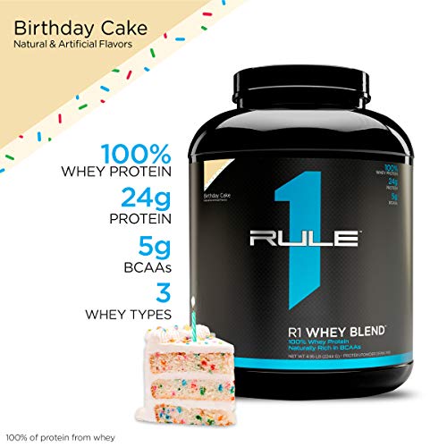 Rule One Proteins, R1 Whey Blend - Birthday Cake, 24g Fast-Acting Whey Protein Concentrates, Isolates, and Hydrolysates Per Serving, with Naturally Occurring EAAs and BCAAs, 5 Pounds, 68 Servings