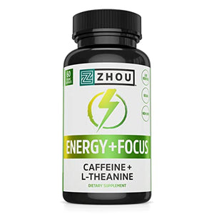 Zhou Energy + Focus | Caffeine with L-Theanine | Focused Energy for Your Mind & Body | #1 Nootropic Stack for Cognitive Performance | 60 VegCaps