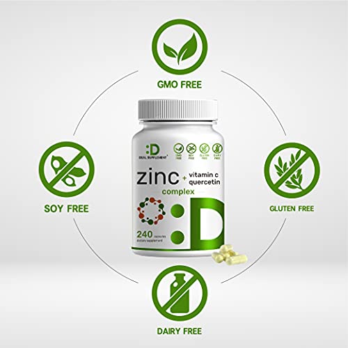 Zinc Supplements 50mg with Quercetin and Vitamin C, 8 Months Supply, 4-1 Zinc Complex, 240 Capsules, Ultimate Immune Support - Premium Zinc Quercetin Supplements