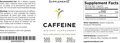 Supplement Store Caffeine Pills 200mg, 500 Capsules, 500 Servings, Only 3.4 Cents per Pill, Buffered for Better Absorption, 500 Capsule