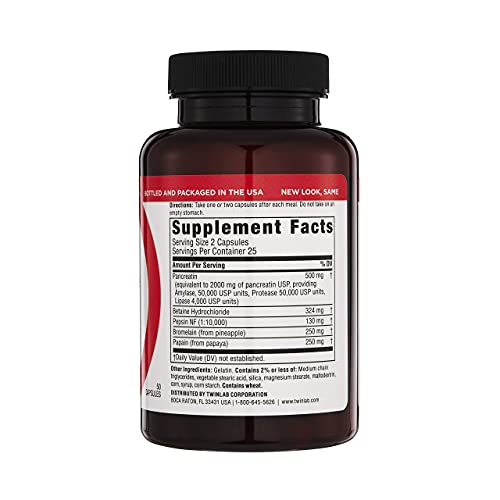 Twinlab Super Enzyme Caps - Digestive Enzymes with Pancreatin, Bromelain and Betaine HCL - Pancreatic Enzymes and Bromelain Supplement for Gut Health, Constipation Relief and Gas Relief, 50 Caps