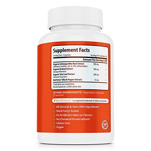 Wellixir Organic Ashwagandha Capsules - Root Powder Supplement, 10% Withanolides with Bacopa Extract & Holy Basil - Vegan & Gluten-Free Herbal Supplements for Stress, Mood Support - 1500mg, 120 Count