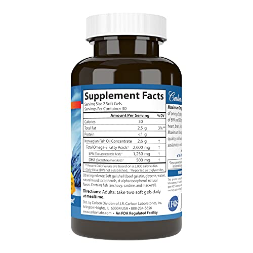 Carlson - Maximum Omega 2000, 2000 mg Omega-3 Fatty Acids Including EPA and DHA, Wild-Caught, Norwegian Fish Oil Supplement, Sustainably Sourced Fish Oil Capsules, Lemon, 60 Softgels