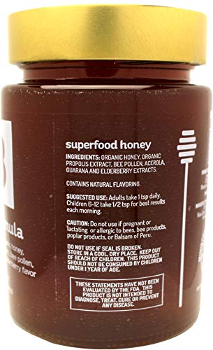 Superfood Organic Honey Fortified with Propolis - Aide with Immune Support, Energize Your Mind & Body with Bee Pollen, Vitamin C, Guarana, & Elderberry Bee Formula