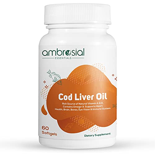 Ambrosial's Pure Cod Fish Liver Oil 300mg | Omega 3 Fatty Acid | Vitamin A, & Vitamin D - 60 Softgels