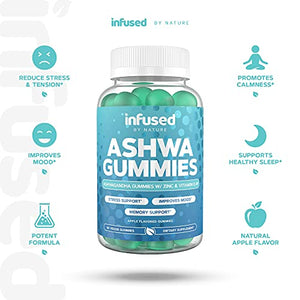 Infused By Nature Ashwagandha Gummies – 1500mg Ashwagandha Gummy Supplement with Zinc and Vitamin D – Natural Mood Boosting, Stress Relief Vitamin – Delicious Apple Flavor!