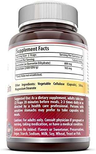 Amazing Nutrition Quercetin 800 Mg with Bromelain 165 Mg Veggie Capsules - Anti-oxidant and Anti-inflammatory Properties - Supports Heart, Joints and Respiratory Health (120 Count (Pack of 2))