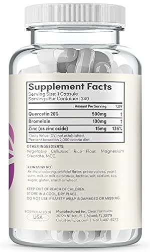 Clear Formulas Quercetin 500mg with Bromelain and Zinc Supplement - 240 Capsules - Quercetin Dihydrate to Support Immune Health and Cardiovascular