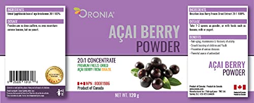 ORONIA Canada Acai Berry Powder – Premium Freeze-Dried from Brazil 120 Gram Natural Antioxidant Superfood Non GMO Gluten Free Anti Aging 20:1 Concentrate