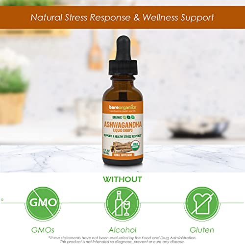 BareOrganics Ashwagandha Root Liquid Drops, Herbal Supplement, Organic Stress Relief Drops