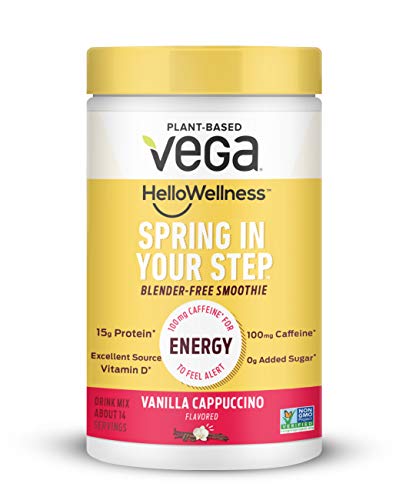 Vega Hello Wellness Spring in Your Step Blender Free Smoothie 14 Servings oz Plant Based Vegan Protein Powder 100mg Caffeine Vitamin D, Energy - Vanilla Cappuccino, 13.8 Ounce