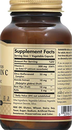 Solgar Ester-C Plus 500 mg Vitamin C (Ascorbate Complex) - Gentle & Non Acidic - Antioxidant & Immune Support - 100 Vegetable Capsules (100 Servings)