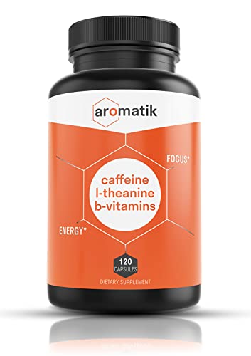 Aromatik Caffeine L-Theanine Focus Supplement | Caffeine (100 mg) + L-Theanine (200 mg) + B Vitamins | Energy Focus Cognition | USA Made at FDA Registered Facility | Vegan Capsules | 120 Servings