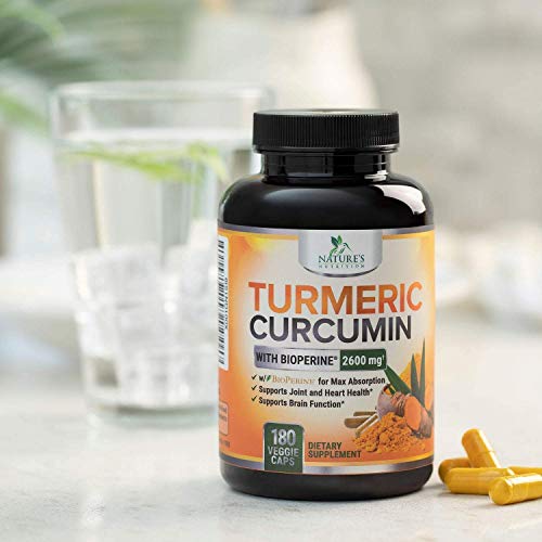 Turmeric Curcumin with Bioperine 95% Curcuminoids 2600mg with Black Pepper for Best Absorption, Made in USA, Best Vegan Joint Support, Turmeric Supplement Pills by Natures Nutrition - 180 Capsules