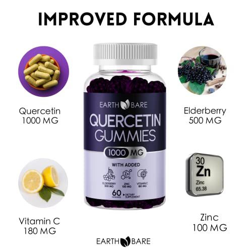 Quercetin 1000mg ZINC Gummies - 60 Delicious Gummies of Quercetin with Vitamin C and Zinc and Elderberry for Boosted Immune Support | High-Potency Zinc Quercetin Gummies | 1 Month Supply