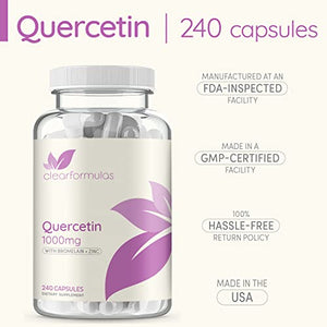 Clear Formulas Quercetin 1000mg (2 Pack) with Bromelain and Zinc Supplement - 480 Capsules - Quercetin to Support Immune Health and Cardiovascular
