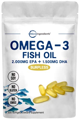 Triple Strength Omega 3 Fish Oil Supplements, Fish Oil Burpless Enteric-Coated Technology, 3750mg Per Serving, 300 Softgels, EPA 2000mg & DHA 1500mg, Deep Ocean Fish, Wild Caught at Norwegian Sea