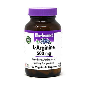 Bluebonnet Nutrition L-Arginine 500mg, Free-Form Amino Acid, Nitric Oxide Precursor*, Soy-Free, Gluten-Free, Non-GMO, Kosher Certified, Vegan, 100 Vegetable Capsules, 100 Servings, White