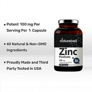 2 Pack Maximum Strength Zinc 100mg, Zinc Picolinate Supplement, 120 Capsules, Zinc Vitamin and Immune Vitamins for Enzyme Function and Immune Support, Non-GMO and Made in USA