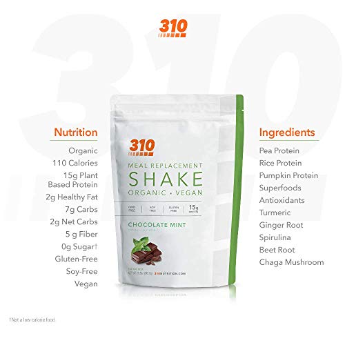 Vegan Organic Plant Protein Powder and Meal Replacement Shake - By 310 Nutrition - Gluten, Dairy and Soy Free - 0g of Sugar | Keto and Paleo Friendly… (Chocolate Mint, 28 Servings)