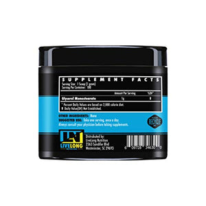 LiveLong Nutrition Glycerol Monostearate GMS Powder - Hydration, Endurance, Muscle Pump for Pre Workout. Multi use Powder for Homemade Ice Cream, and Powder for pre Workout, 3.5 Ounce