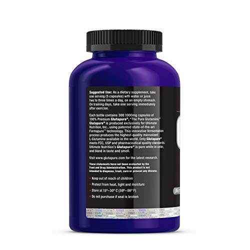 Ultimate Nutrition GlutaPure Micronized L-Glutamine Supplement, Support Muscle Development and Immune Health, for Men and Women, 1000mg, 300 Capsules