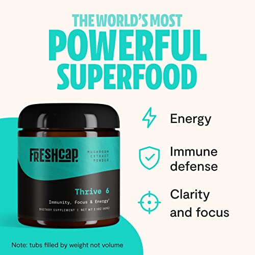 Thrive 6 Ultimate Mushroom Complex - Pure Extract Powder - USDA Organic - Lions Mane, Reishi, Cordyceps, Chaga, Turkey Tail, Maitake -60g- Supplement - Add to Coffee– Real Fruiting Body–No Fillers