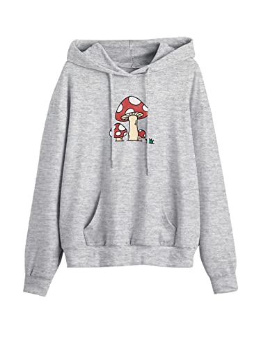 Meladyan Women Mushroom Graphic Print Hoodie Pullover Drop Shoulder Thin Terry Loose Fit Hooded Sweatshirt Jumper Shirt (Small, Grey)